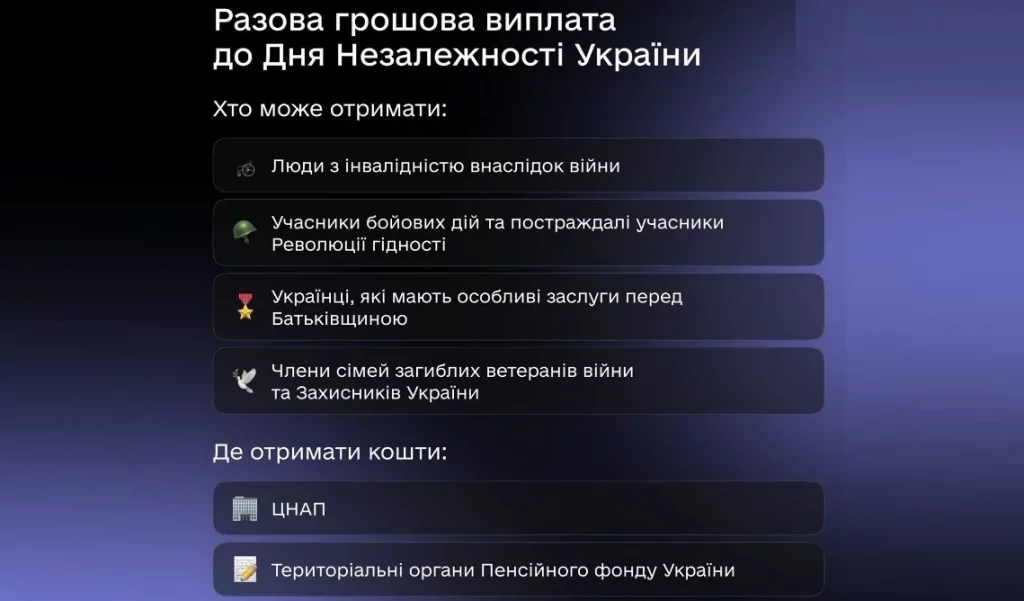 Выплаты ко Дню Независимости для ветеранов и семей погибших Защитников Украины 1 Виплати до Дня Незалежності для ветеранів та сімей загиблих Захисників