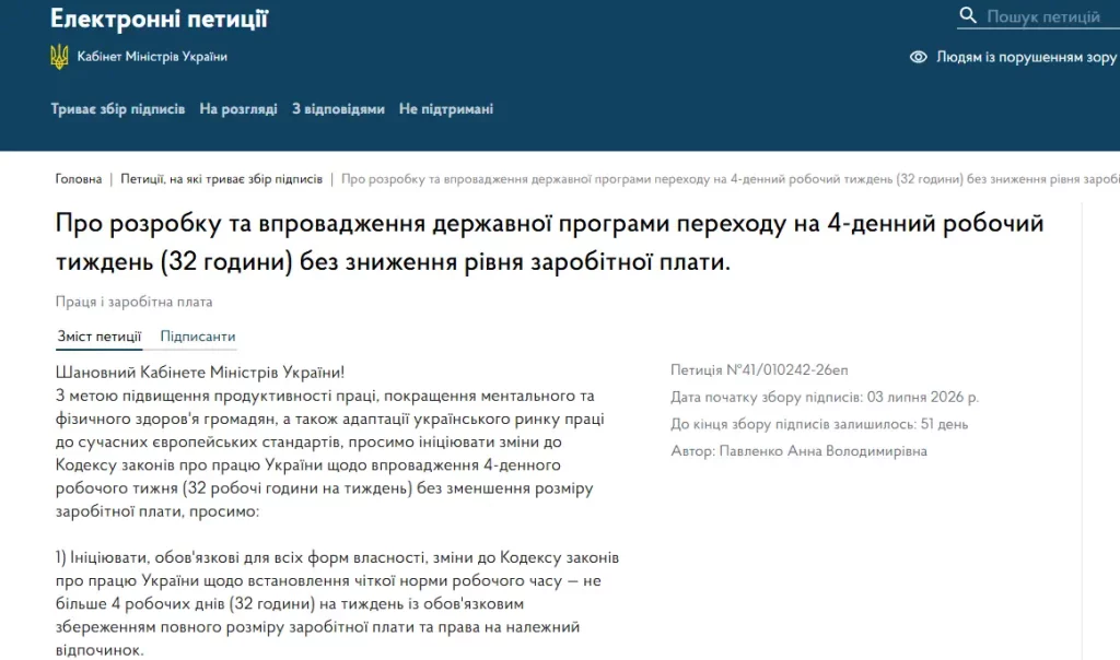 4-денний робочий тиждень в Україні: що пропонує петиція №41/010242-26еп і чи реально це